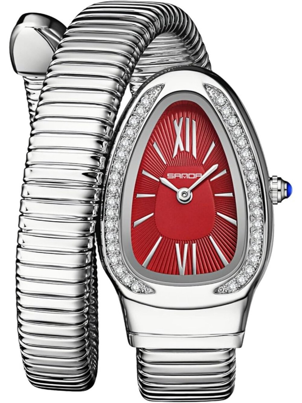 Women's Silver Red Elegant Wrap Around Bangle Fashion Snake Cuff Wrist Watches